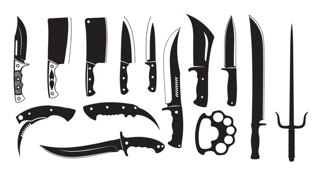Collection of various knives and blades in black silhouette on transparent background