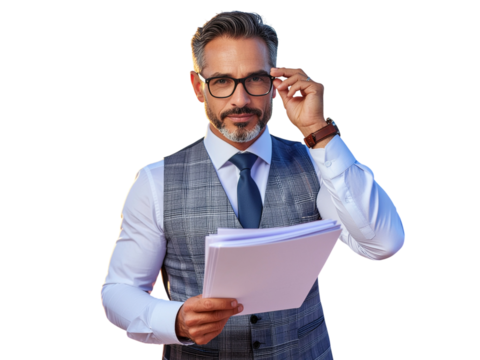 Sophisticated businessman in vest and glasses holds document gazing intently transparent background