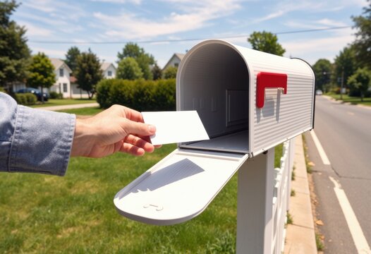 Hand placing a letter into a white mailbox on a sunny day