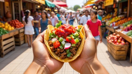 Hand holding a delicious taco filled with fresh ingredients and salsa