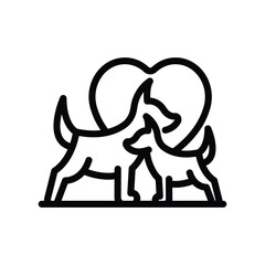 The image presents two dogs with a heart shape behind them all rendered in a bold black line style