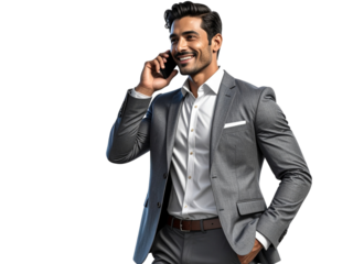 Confident businessman on phone smartly dressed professional success communication elegant attire transparent background