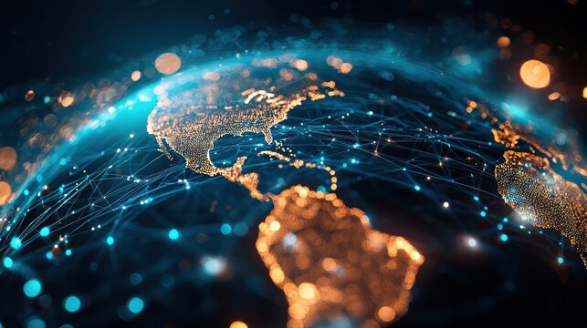 A glowing, futuristic Earth with glowing continents and glowing lines connecting them.