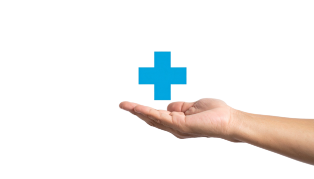 Hand holding a blue plus sign symbol, indicating healthcare or support