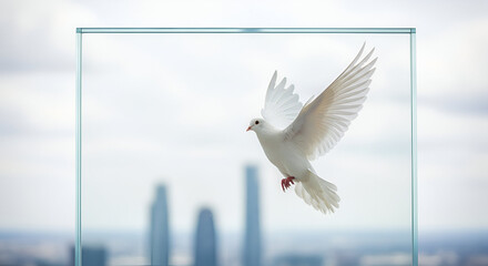 Dove carrying pink flower soars through golden light
