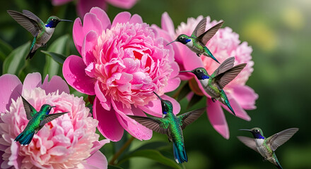 Beautiful hummingbirds amidst pink blossoms nature