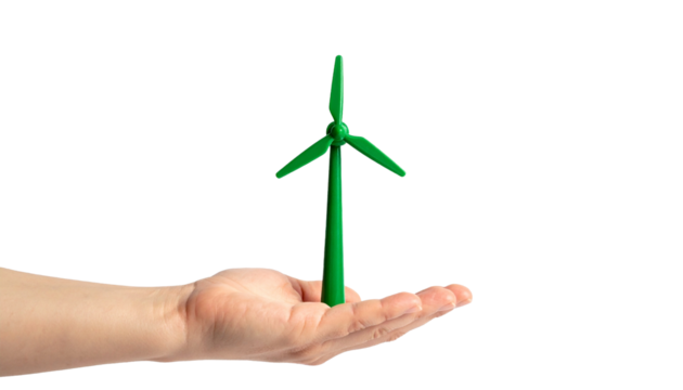 A human hand delicately holds a miniature green wind turbine, symbolizing a commitment to renewable energy and environmental responsibility.