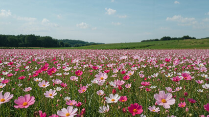 Pink and white cosmos flowers blooming in a field under blue sky