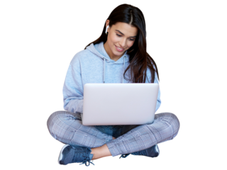 Smiling woman works on laptop computer at home or office transparent background
