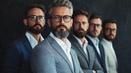 Five men in suits standing in a row. The business concept of professionalism and formality.