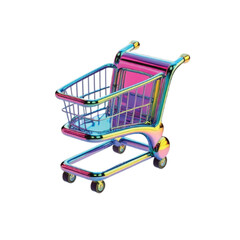 A miniature shopping cart with a vibrant, iridescent rainbow finish, isolated on white.