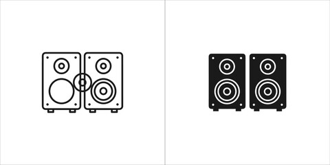 Two graphic representations of stereo speakers, one outlined and one filled