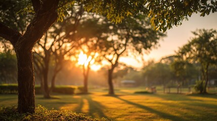 blurred. Tranquil park at sunset with warm golden hues, creating a peaceful natural landscape. inspiring travel planning, travel magazines, designed for travel destination branding.