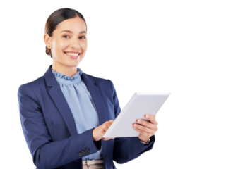 Smiling businesswoman with tablet success technology professionalism leadership success transparent background