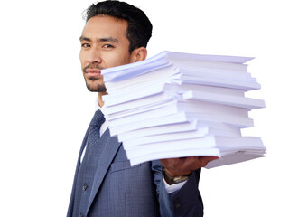 Overwhelmed businessman holding a stack of papers workload stress deadline pressure transparent background