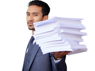 Overwhelmed businessman holding a stack of papers workload stress deadline pressure transparent background