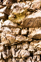 Textured surface of weathered stone revealing natural patterns in warm shades of brown and yellow during daylight