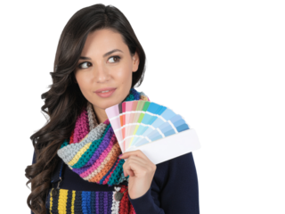 Beautiful woman holding color palette creative design concept palette choices transparent background