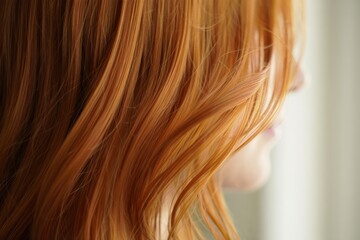 Fototapeta premium Close-up of vibrant orange hair flowing gracefully in soft light