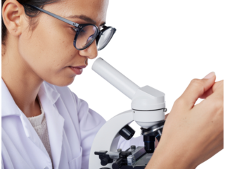 Focused scientist analyzing sample with microscope for medical research studies transparent background