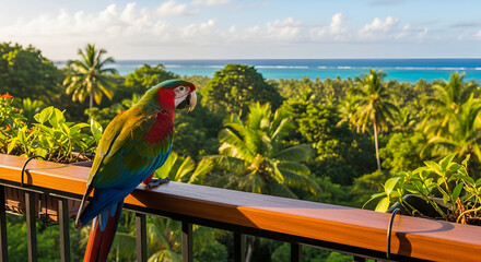 Vibrant macaw perches in lush tropical foliage