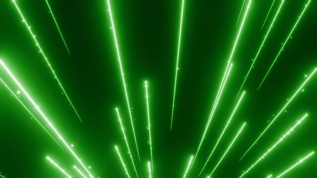 沢山の緑の光の線が頭上を猛スピードで過ぎ去るエフェクト背景。SF風の流星のイラスト