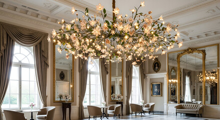 Elegant Wedding Banquet Hall with Floral Chandeliers