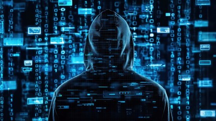 A hooded figure in a dark, digital environment with binary code and floating data elements.