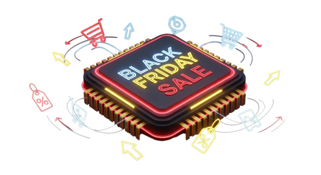 Black friday sale concept featuring a computer chip with shopping carts and price tags, isolated on transparent background perfect for advertising and marketing campaigns