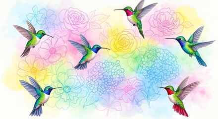 Hummingbird flies in tropical paradise with waterfall