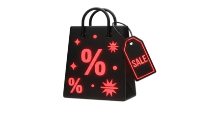 Black shopping bag with percentage sign and sale tag isolated on transparent background a stylish and modern design for promoting discounts and special offers in retail
