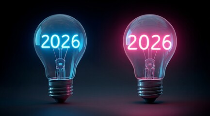 Bright ideas for the future in 2026 with illuminated light bulbs showcasing the year