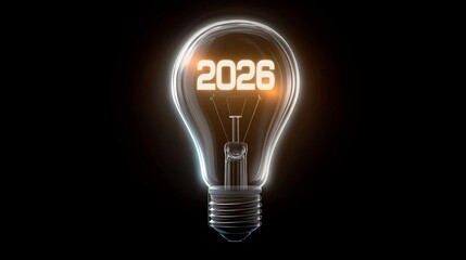 Light bulb with glowing numbers representing the year 2026 signifies new ideas and opportunities ahead