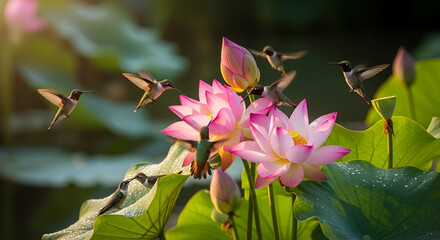 Vibrant Hummingbirds with Colorful Abstract Flowers