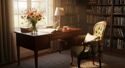 : Classic study room with warm lighting