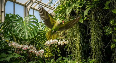 Exotic parrot in flight over tropical orchid blooms