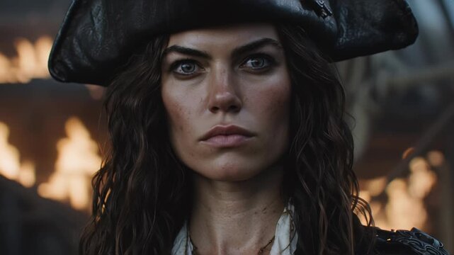 Intense female pirate captain stares with fire in background.