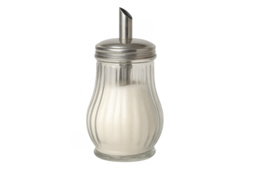 Glass sugar dispenser with white sugar transparent background