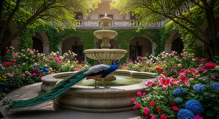 Beautiful garden fountain with peacock