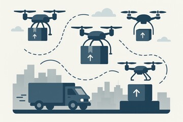 Effortless logistics transformation illustrated by diverse delivery drones navigating urban landscapes showcasing future-driven efficiency and dynamic innovation in transportation