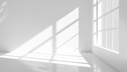 Obraz premium Sunlight streams through large windows casting dynamic shadows across a clean, modern white studio space, perfect for minimalist design concepts.