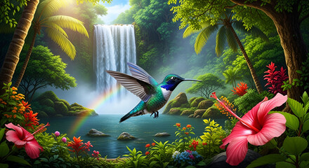 Vibrant hummingbird flying near waterfall