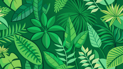 Fototapeta premium Illustration of various green tropical leaves forming a dense, lush, vibrant, and natural pattern.