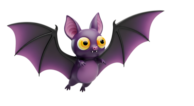 A cute cartoon bat with big yellow eyes and purple wings, flying against a transparent background, perfect for halloween or childrens designs isolated on transparent background