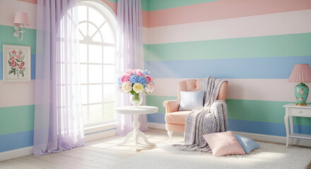 : Cozy pastel living room interior view