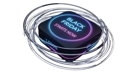 Black friday neon sign on a dark platform with swirling wire accents, isolated on transparent background ideal for advertising, banners, and promotional materials