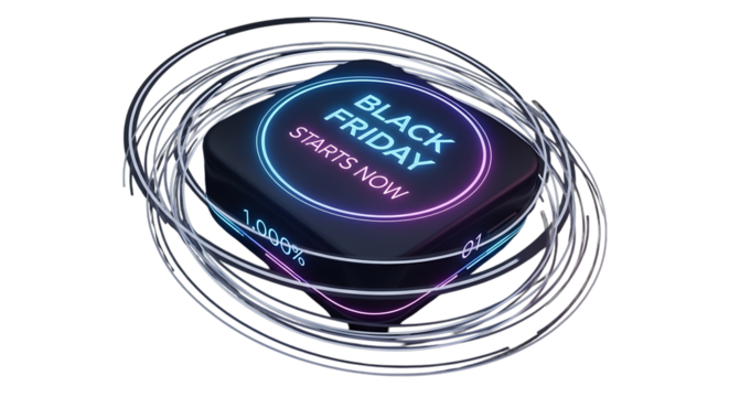 Black friday neon sign on a dark platform with swirling wire accents, isolated on transparent background ideal for advertising, banners, and promotional materials