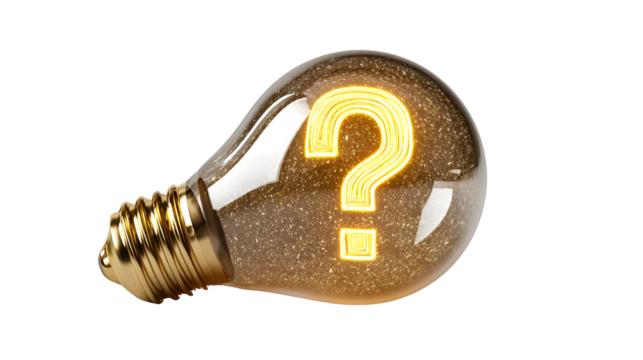 Illuminated light bulb with golden question mark symbolizing ideas and curiosity