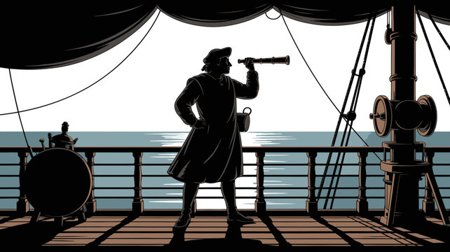 Intrepid explorer gazing through a spyglass on a vintage sailing ship, embodying adventure, discovery, and historical maritime exploration, a symbol of bravery
