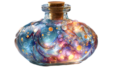 Enchanting cosmic potion bottle with swirling colors for fantasy design